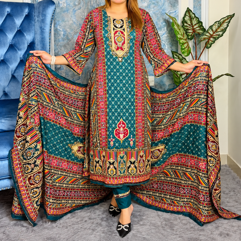 Unstitched Premium Traditional Printed Cotton Three-Piece Suit - Teal Blue & Multicolor