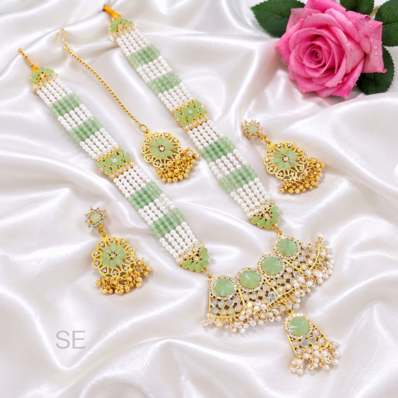 Premium Mint Green & Pearl Long Rani Haar Jewelry Set with Earrings & Maang Tikka