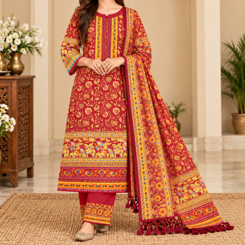 Premium Cotton Block and Digital Print Three-Piece Set