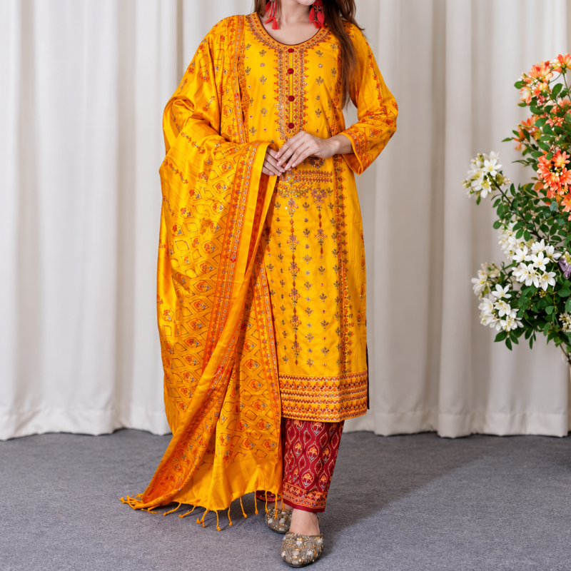 Premium Cotton Block and Digital Print Three-Piece Set