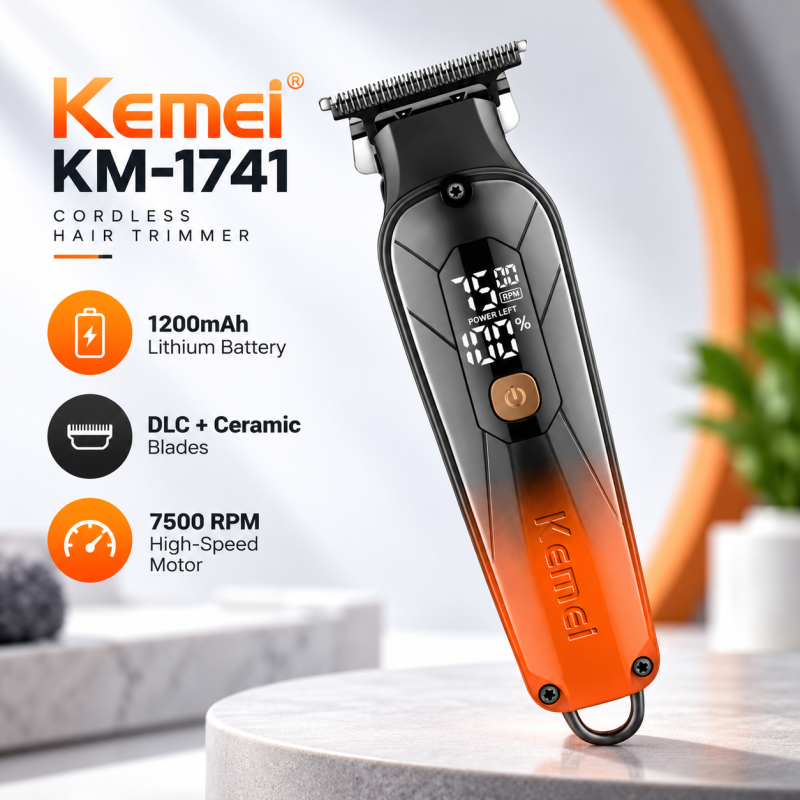 Kemei KM-1741 Professional Cordless Hair Trimmer – DLC & Ceramic Blade, 7500 RPM High-Speed Motor & 1200mAh Battery