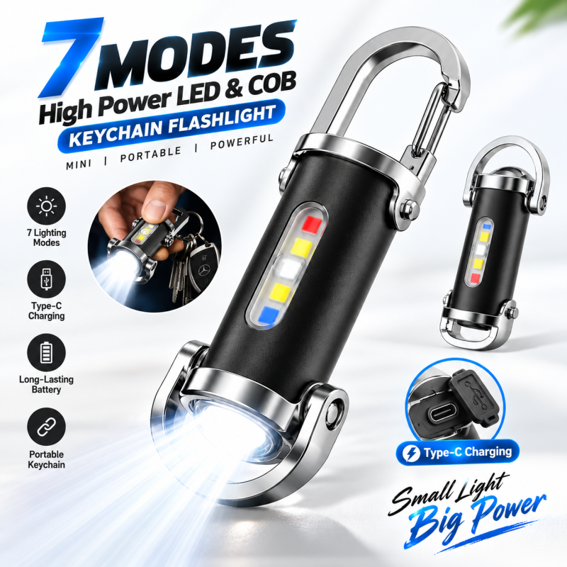 7 Modes High Power LED & COB Keychain Flashlight – KD088 Portable Mini Tactical Work Light with Type-C Charging, Long-Lasting Battery & Red-Blue Flash