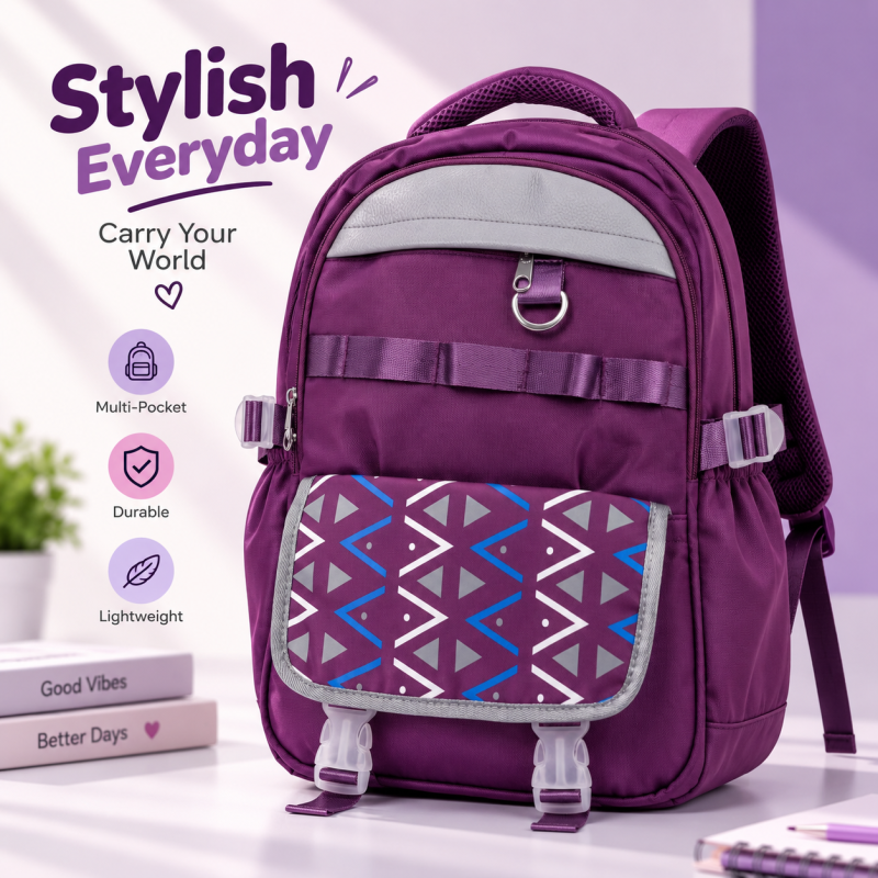 Multi-Pocket Casual Backpack with Geometric Flap – Stylish Water-Resistant Synthetic Fabric Daypack with Wide Padded Straps & Spacious Compartments for School, College, Travel & Daily Use
