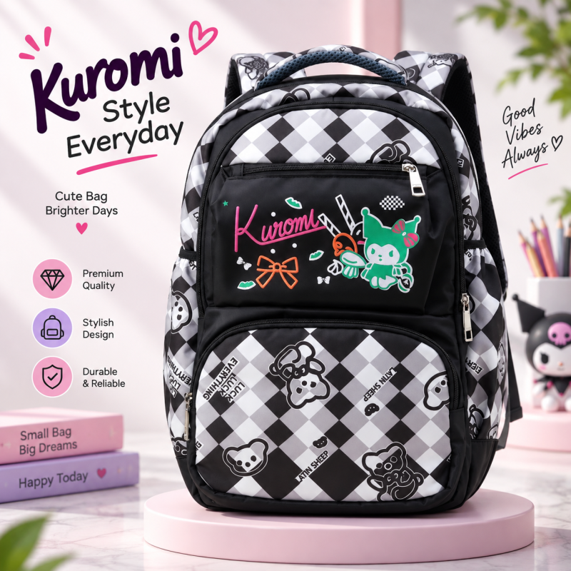 Premium Quality Kuromi Themed Stylish School Backpack – Durable Nylon Waterproof Kids Bookbag with Multiple Zipper Pockets & Ergonomic Padded Straps for Primary & High School Students