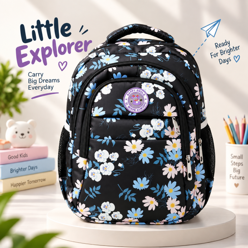 Cute Floral Print Kids Backpack – Stylish School & Casual Daypack with Light-Up Front Logo, Padded Shoulder Straps, Side Mesh Bottle Pockets & Spacious Main Compartment
