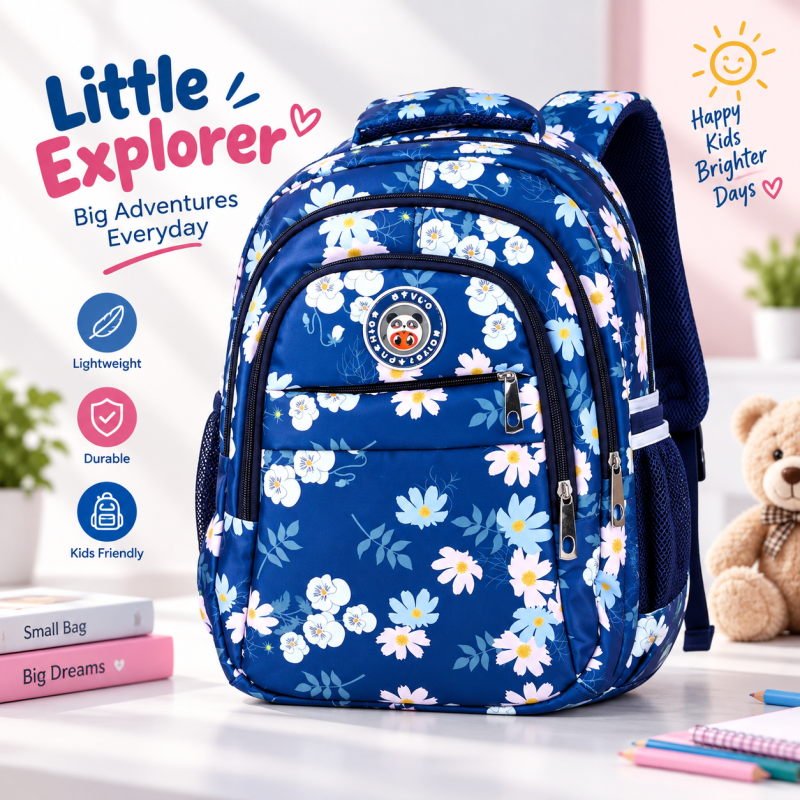 Cute Floral Print Kids Backpack – Stylish School & Casual Daypack with Light-Up Front Logo, Padded Shoulder Straps, Side Mesh Bottle Pockets & Spacious Main Compartment