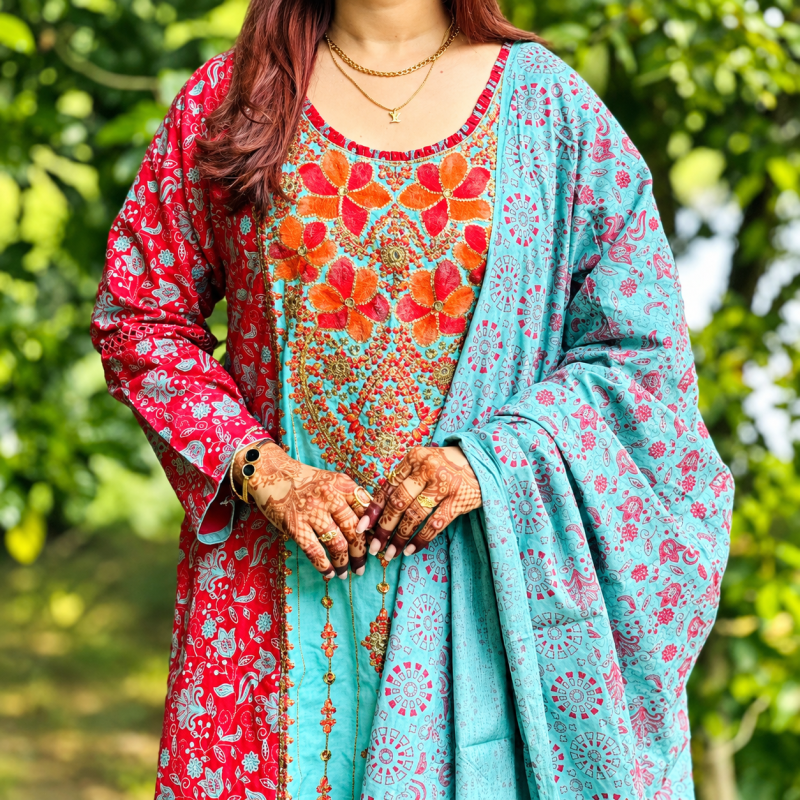 Premium Aarong Cotton Readymade Three-Piece Collection with Sequins and Mirror Work
