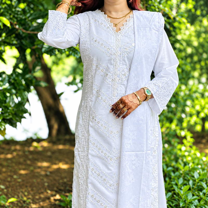Premium Aarong Cotton Readymade Three-Piece Collection with Sequins and Mirror Work