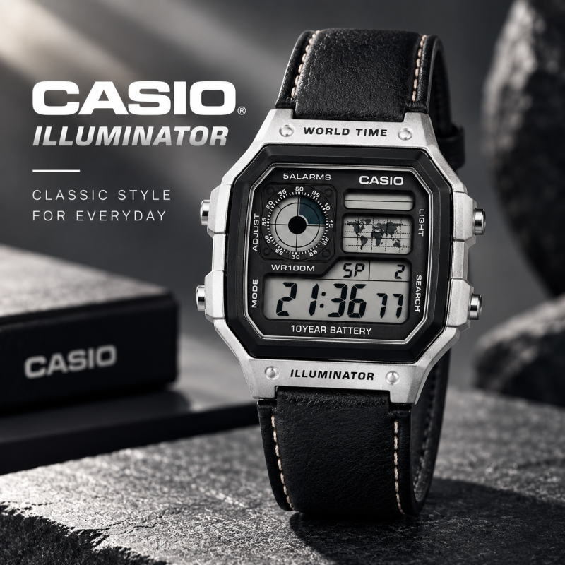 Casio Illuminator Vintage Digital Leather Strap Watch – World Map Display, Long Battery Life, Water Resistant, Formal & Casual Wristwatch with Premium Gift Box & Extra Batteries
