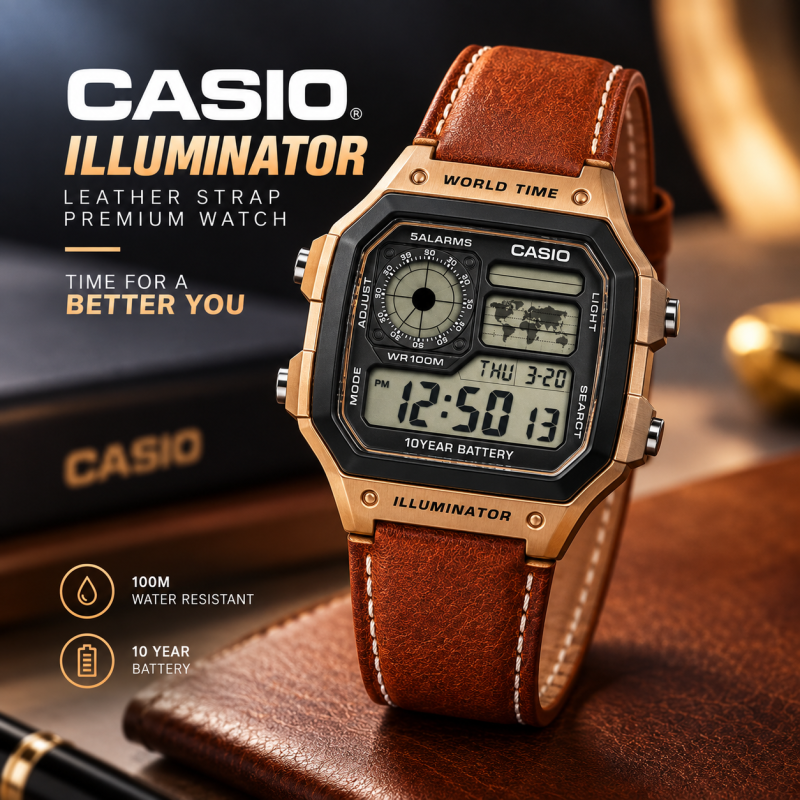 Casio Illuminator Vintage Digital Leather Strap Watch – World Map Display, Long Battery Life, Water Resistant, Formal & Casual Wristwatch with Premium Gift Box & Extra Batteries